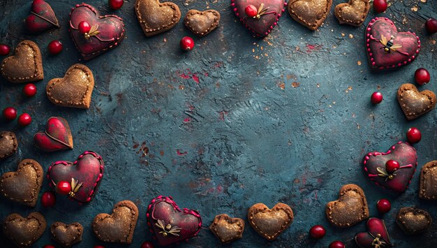 Sfondo di San Valentino con biscotti a forma di cuore e bacche rosse