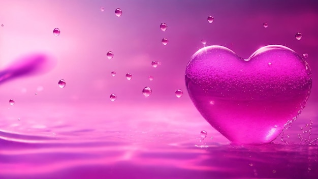 Sfondo di San Valentino con cuore rosa e gocce d'acqua