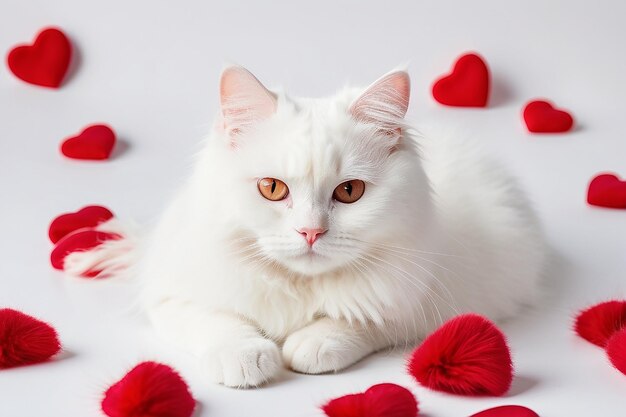 Sfondo di San Valentino con cuore rosso su peli di gatto bianchi Buon San Valentino