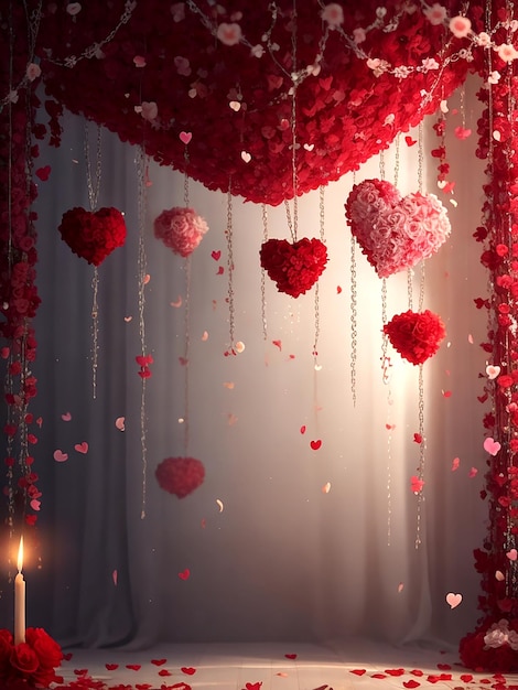 Sfondo di San Valentino con cuori e candele rendering 3d