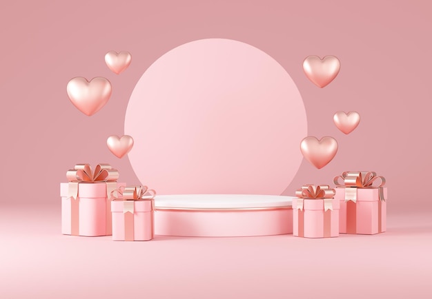 Sfondo di San Valentino con elementi decorativi per le vacanze e podio per il rendering 3d della vetrina del prodotto