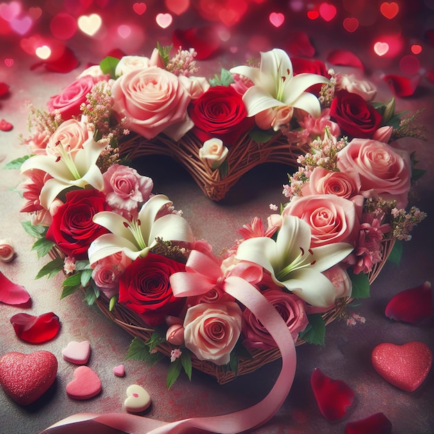 Sfondo di San Valentino con scatola a forma di cuore e fiori