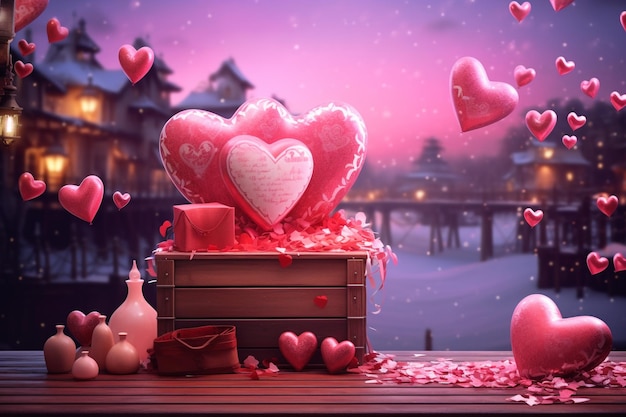 Sfondo di San Valentino con scatole regalo con motivo a cuore, palloncini, carte regalo e festa dell'amore