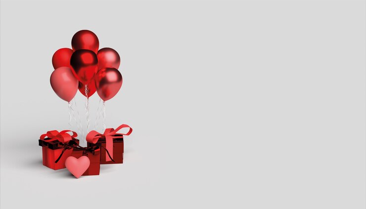 Sfondo di San Valentino con scatole regalo, palloncini e cuore