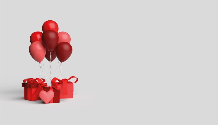 Sfondo di San Valentino con scatole regalo, palloncini e cuore