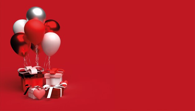 Sfondo di San Valentino con scatole regalo, palloncini e cuore