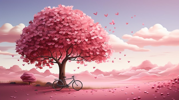 Sfondo di San Valentino con una bicicletta e un albero fatto di cuori vettoriale