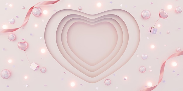 Sfondo di San Valentino in toni tenui Carta tagliata arte Dolce cuore illustrazione 3D