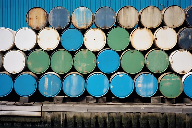 sfondo di serbatoi di petrolio accatastati in fila Vecchi serbatici di petrolio accattastati di tamburi arrugginiti