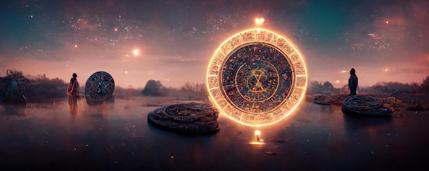 Sfondo di simboli sacri dello zodiaco astrologia alchimia magia stregoneria e predizione del futuro AIpittura digitale generata