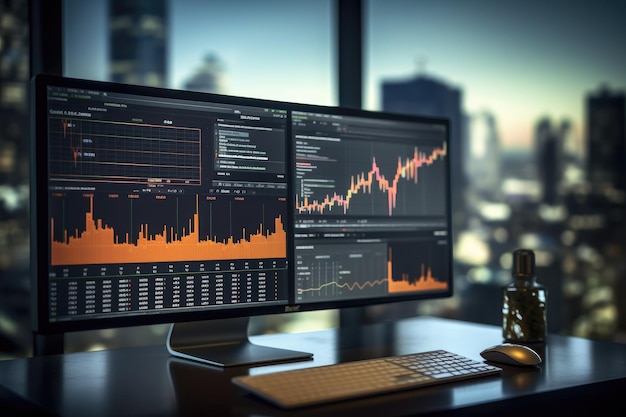 Sfondo di trading aziendale con schermi grafici e denaro