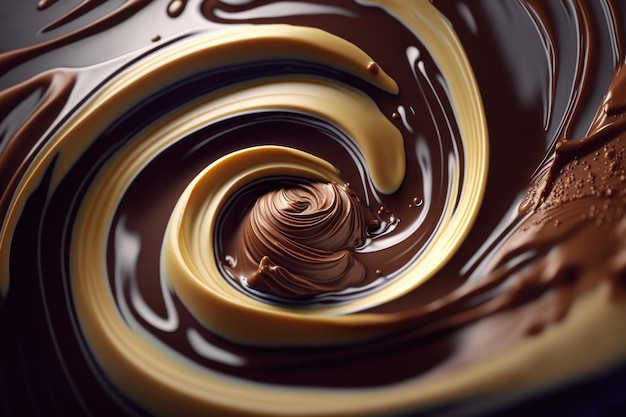 Sfondo di turbinio di cioccolato marrone e bianco cioccolato fuso che scorre cacao Generative AI