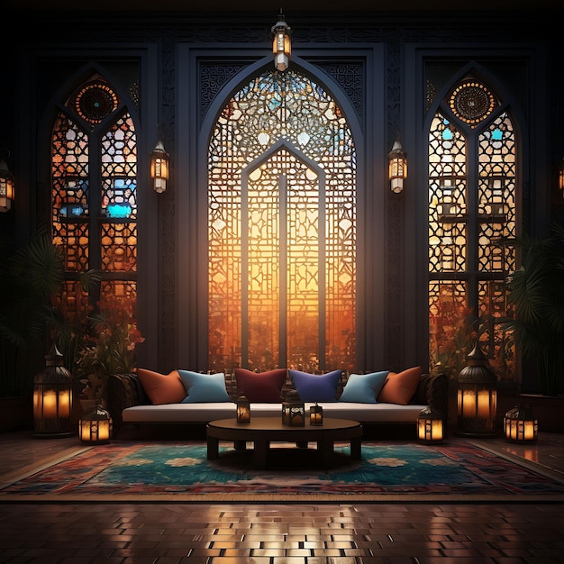 Sfondo di un palazzo marocchino con sfondo a mosaico e concetto di creatore di contenuti con lanterna pouf marocchino