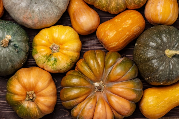 Sfondo di un sacco di zucche colorate