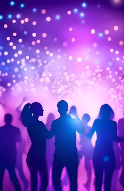 Sfondo di una festa notturna con silhouette di persone e luci bokeh