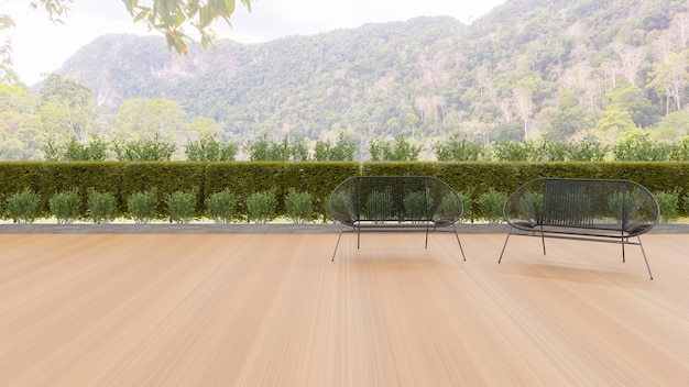 Sfondo di una terrazza relax all'aperto minima e di una sedia con bella vista sulle montagne, rendering di illustrazioni 3D