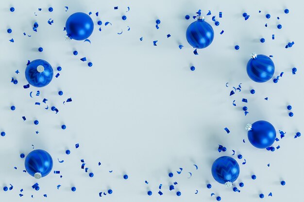 Sfondo di vacanze di Natale o Capodanno, palline blu, rendering 3d