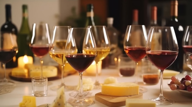 Sfondo di vino e formaggio Illustrazione AI generativa