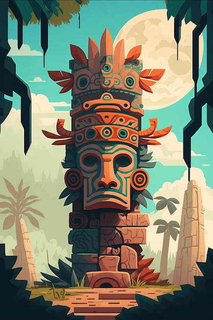 Sfondo diurno della plancia totem maya piatto 2D AI generativa