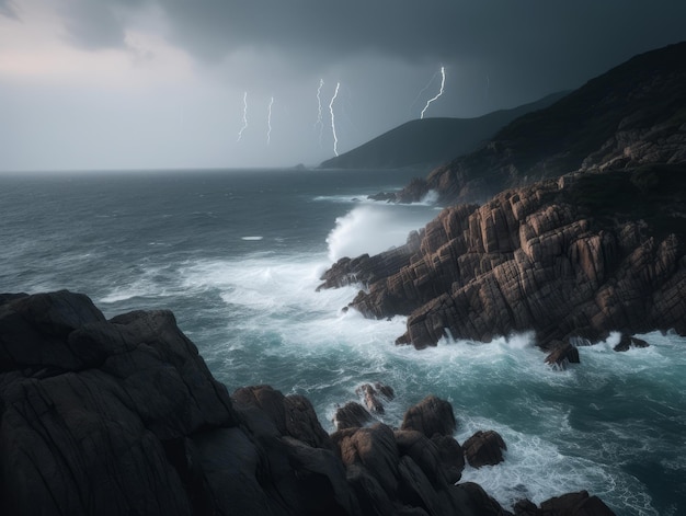 sfondo drammatico tempesta elettrica nell'oceano