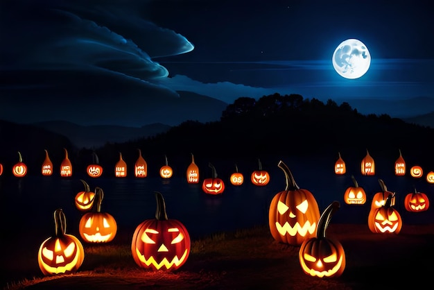 Sfondo e sfondo del momento dell'orrore e della luce della zucca della festa di halloween di notte realistica