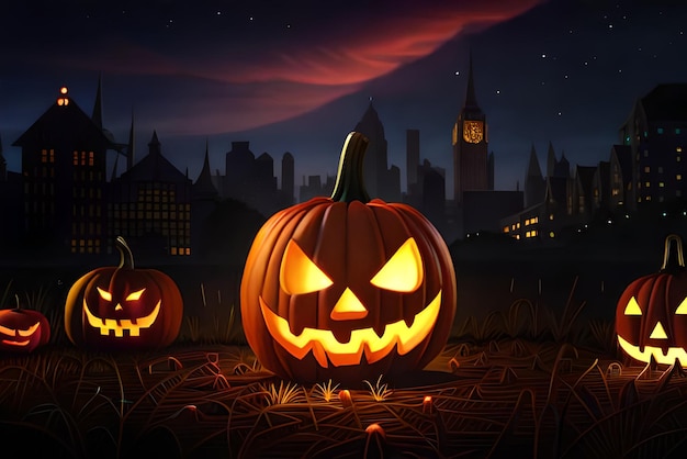 Sfondo e sfondo del momento dell'orrore e della luce della zucca della festa di halloween di notte realistica