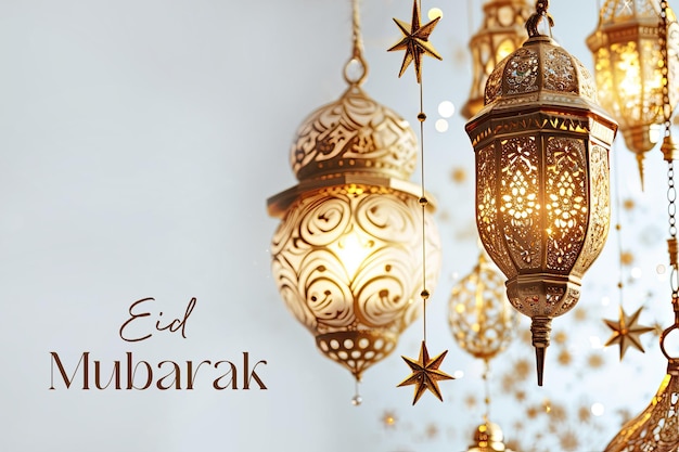 Sfondo Eid Mubarak con lanterne dorate arabe e lucentezza