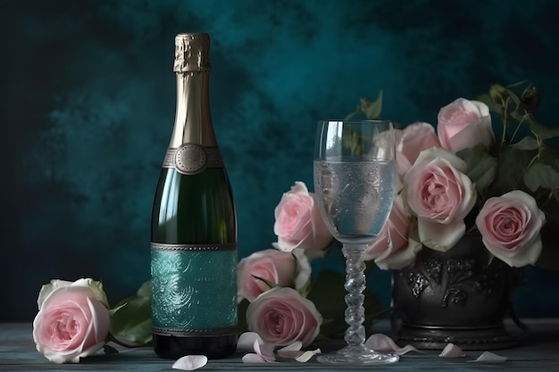 Sfondo elegante di champagne e rose Rete neurale AI generata