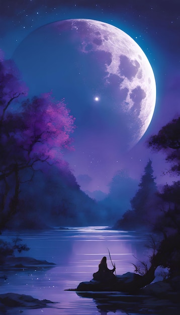 Sfondo enigmatico di fantasia del lago al chiaro di luna