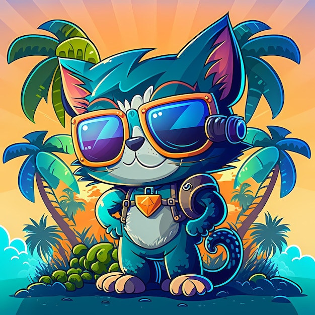 sfondo estivo gatto che indossa occhiali da sole con spiaggia e palme