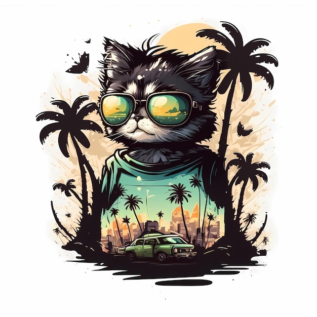 sfondo estivo gatto che indossa occhiali da sole con spiaggia e palme