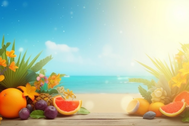 Sfondo estivo realistico Tema tropicale vibrante con vista sull'oceano e palme