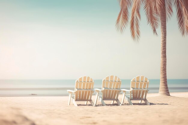 Sfondo estivo tre amache di plastica bianca sulla sabbia di una spiaggia tropicale immagine con tenui toni pastello