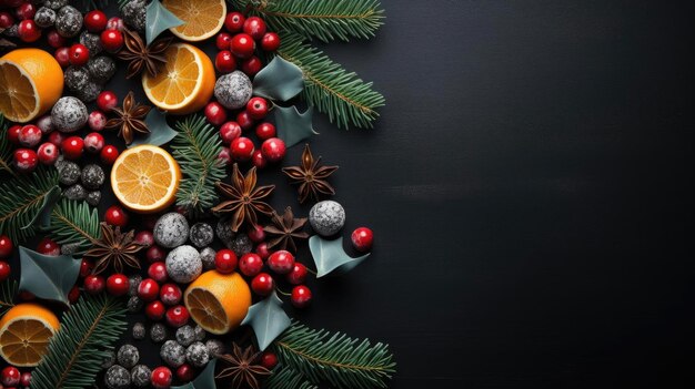 sfondo felice di Natale con il concetto di piante e ornamenti di Natale su uno sfondo nero