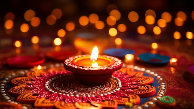 Sfondo felice Diwali con bellissima Diya e rangoli colorati