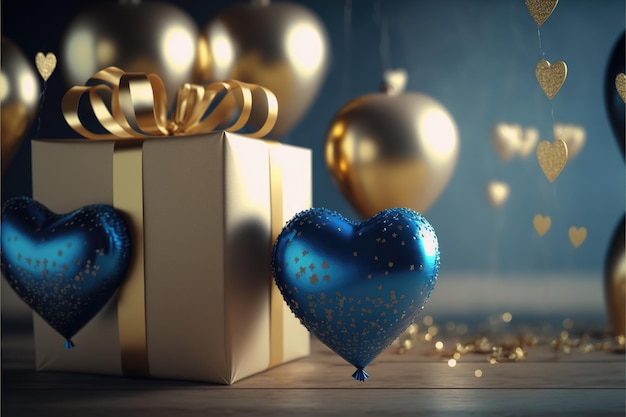 Sfondo festivo con palloncini e regali in oro blu per Capodanno o San Valentino o qualsiasi altra vacanza generata da Ai