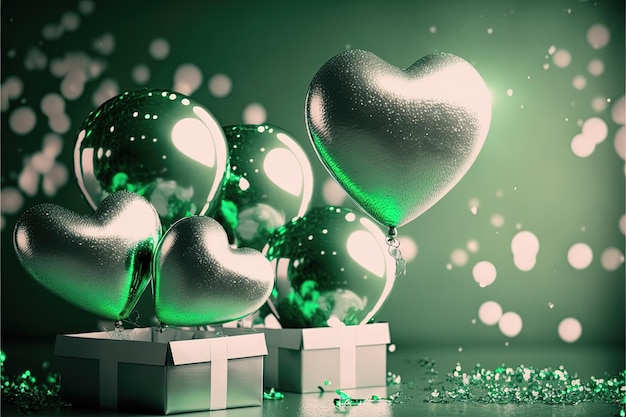 Sfondo festivo con palloncini metallici verde e argento e regali per Capodanno o San Valentino o qualsiasi altra vacanza