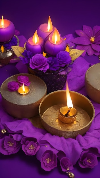 Sfondo festivo di Diwali con candele su sfondo viola