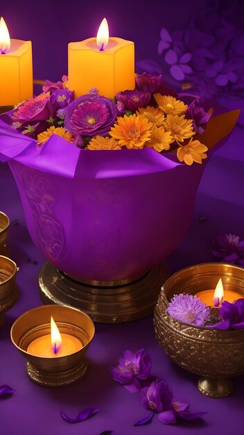 Sfondo festivo di Diwali con candele su sfondo viola