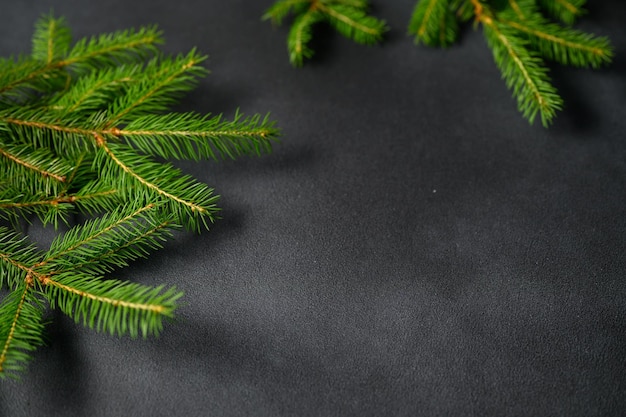 Sfondo festivo di Natale con rami di albero di Natale su sfondo di pietra di cemento scuro