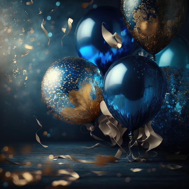 Sfondo festivo realistico con palloncini dorati e blu che cadono coriandoli sfondo sfocato e luci bokeh Ai generate