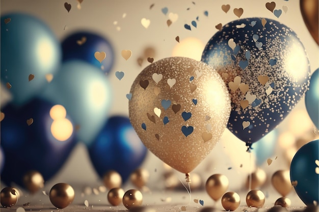 Sfondo festivo realistico con palloncini dorati e blu che cadono coriandoli sfondo sfocato e luci bokeh Ai generate