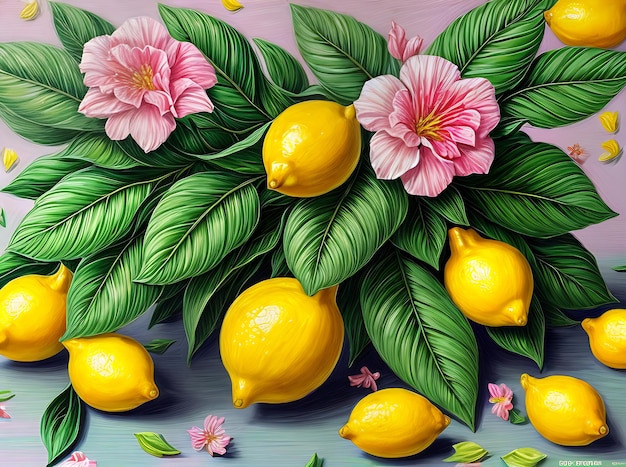 Sfondo floreale adornato con freschi motivi di limone e foglie in 3D con rilassanti tonalità pastello Generative AI Generated