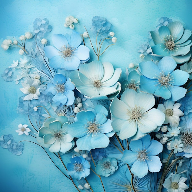Sfondo floreale astratto con fiori bianchi e piume blu Pittura digitale
