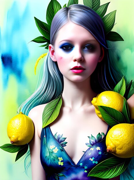 Sfondo floreale dipinto che mostra i limoni lascia la vibrante arte dell'acquerello con combinazione di colori al neon Generazione di intelligenza artificiale generata