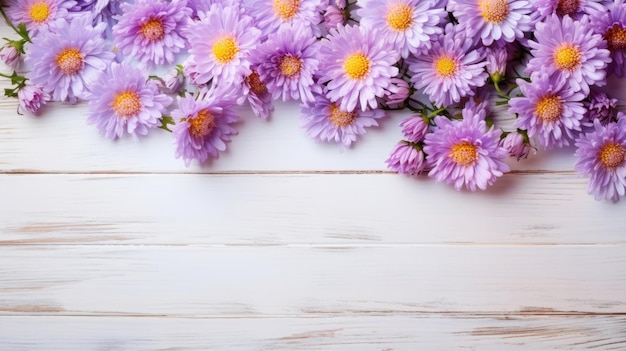 Sfondo floreale primaverile Fiori freschi di astri su tavolo di legno grigio morbido con spazio vuoto per il testo