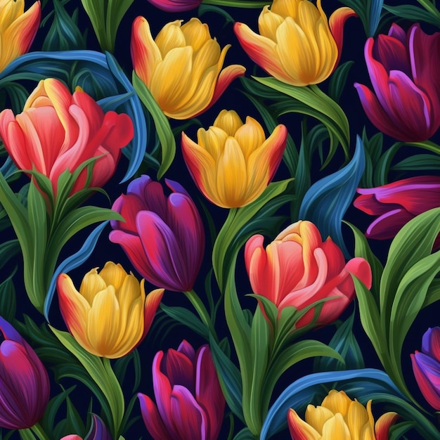 sfondo floreale senza cuciture con tulipani colorati e foglie generative ai