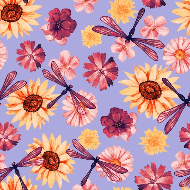 Sfondo floreale senza cuciture Motivo con bellissimi fiori ad acquerello girasole e libellule Illustrazione disegnata a mano botanica Texture per imballaggio tessile in tessuto di stampa