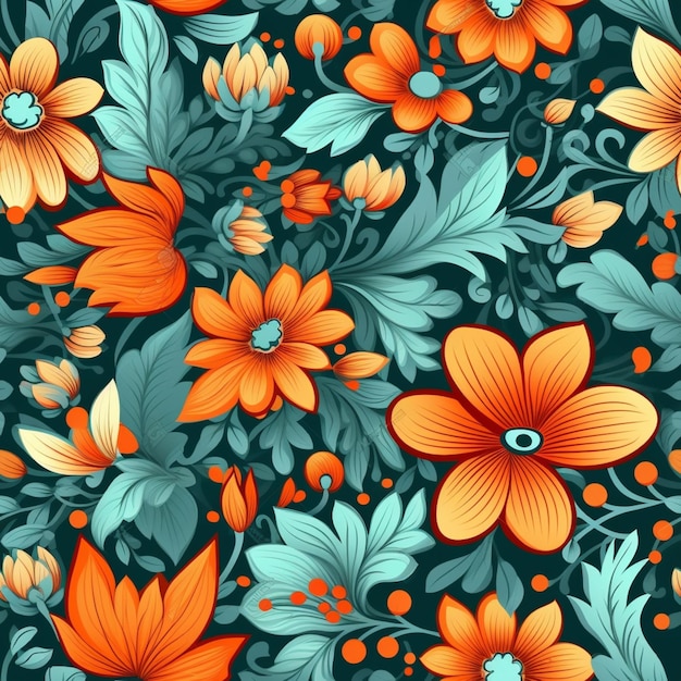sfondo floreale senza soluzione di continuità con fiori d'arancio e foglie verdi ai generativa