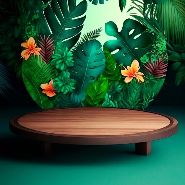 Sfondo floreale verde tropicale per l'esposizione e la presentazione del prodotto Tavolo in legno